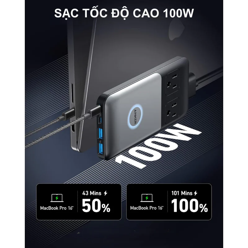 Đế Sạc Anker 727 GaN Prime 100W 2 ổ AC + 2 USB-C + 2 USB-A A9126 Chính Hãng