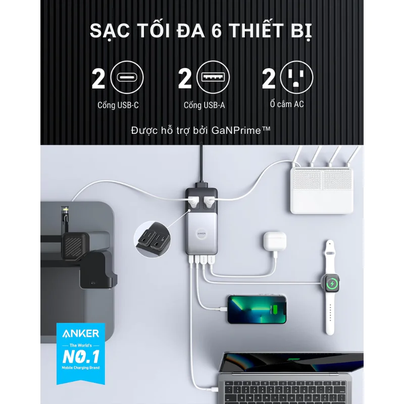 Đế Sạc Anker 727 GaN Prime 100W 2 ổ AC + 2 USB-C + 2 USB-A A9126 Chính Hãng
