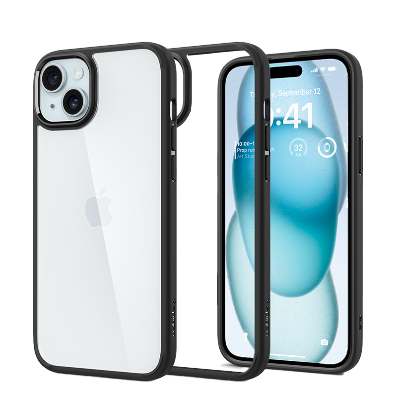 Ốp lưng Spigen iPhone 15 Ultra Hybrid Crystal Viền màu Đen, Trong suốt