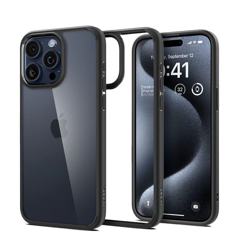 Ốp lưng Spigen 15 Pro Ultra Hybrid Crystal Viền màu Đen, Trong suốt
