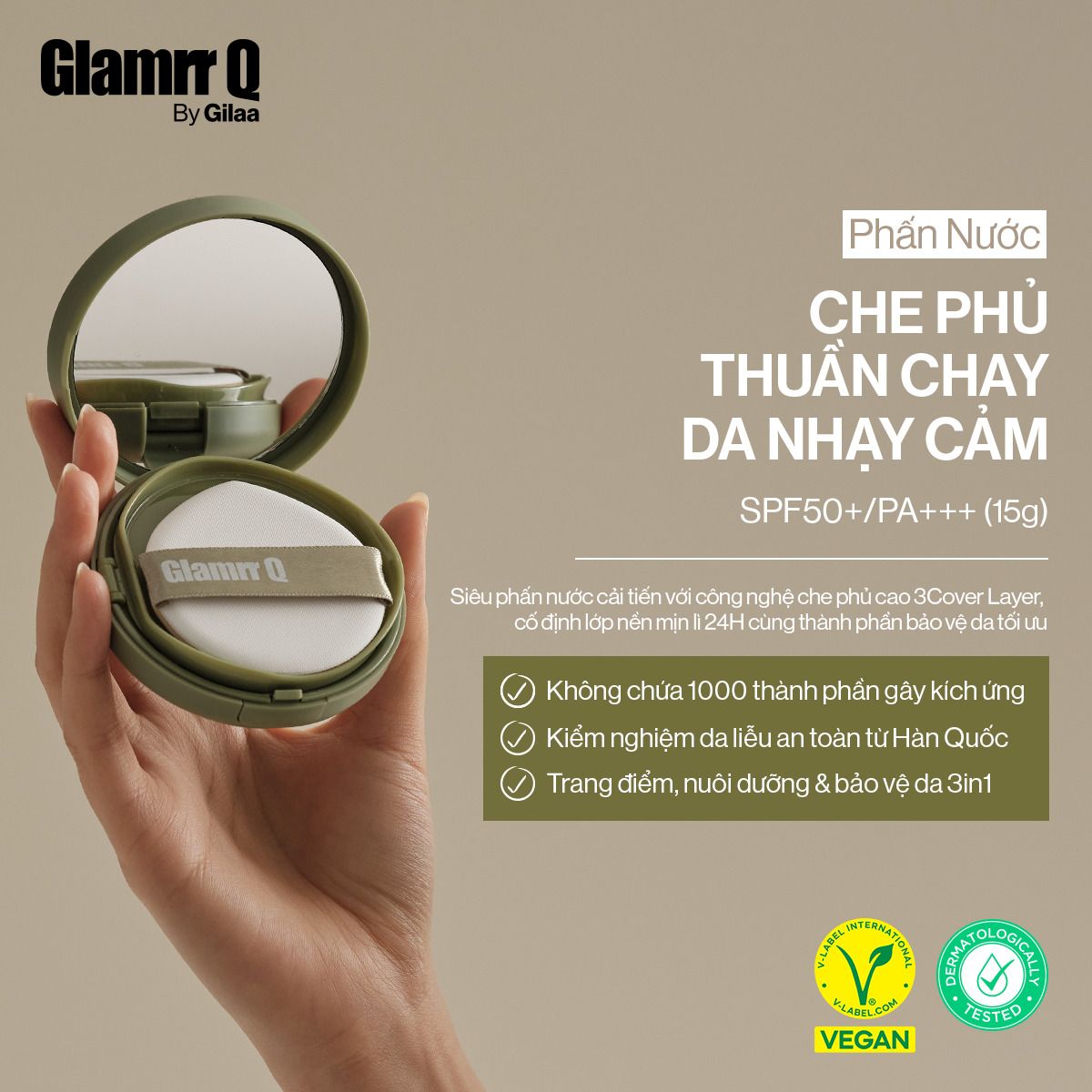  Phấn Nước Che Phủ GLAMRR Q Vegan Super Cover Cushion SPF50+/PA+++ (1 lõi x 15g) 