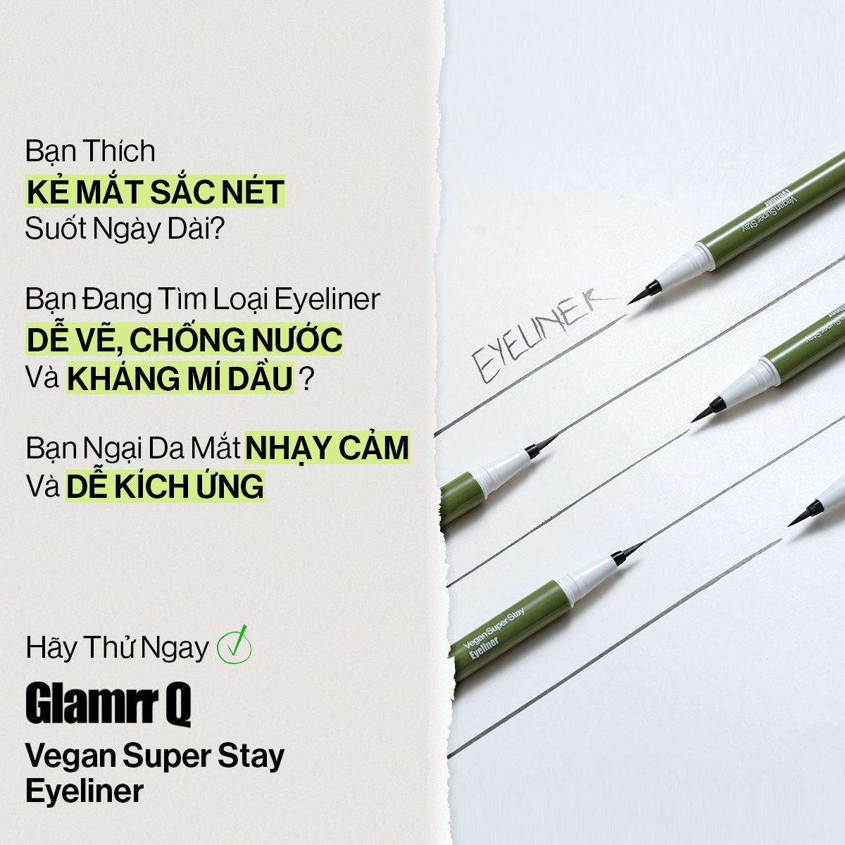  Kẻ Mắt Glamrr Q Chống Nước Thuần Chay VEGAN SUPER STAY EYELINER (0.6g) 