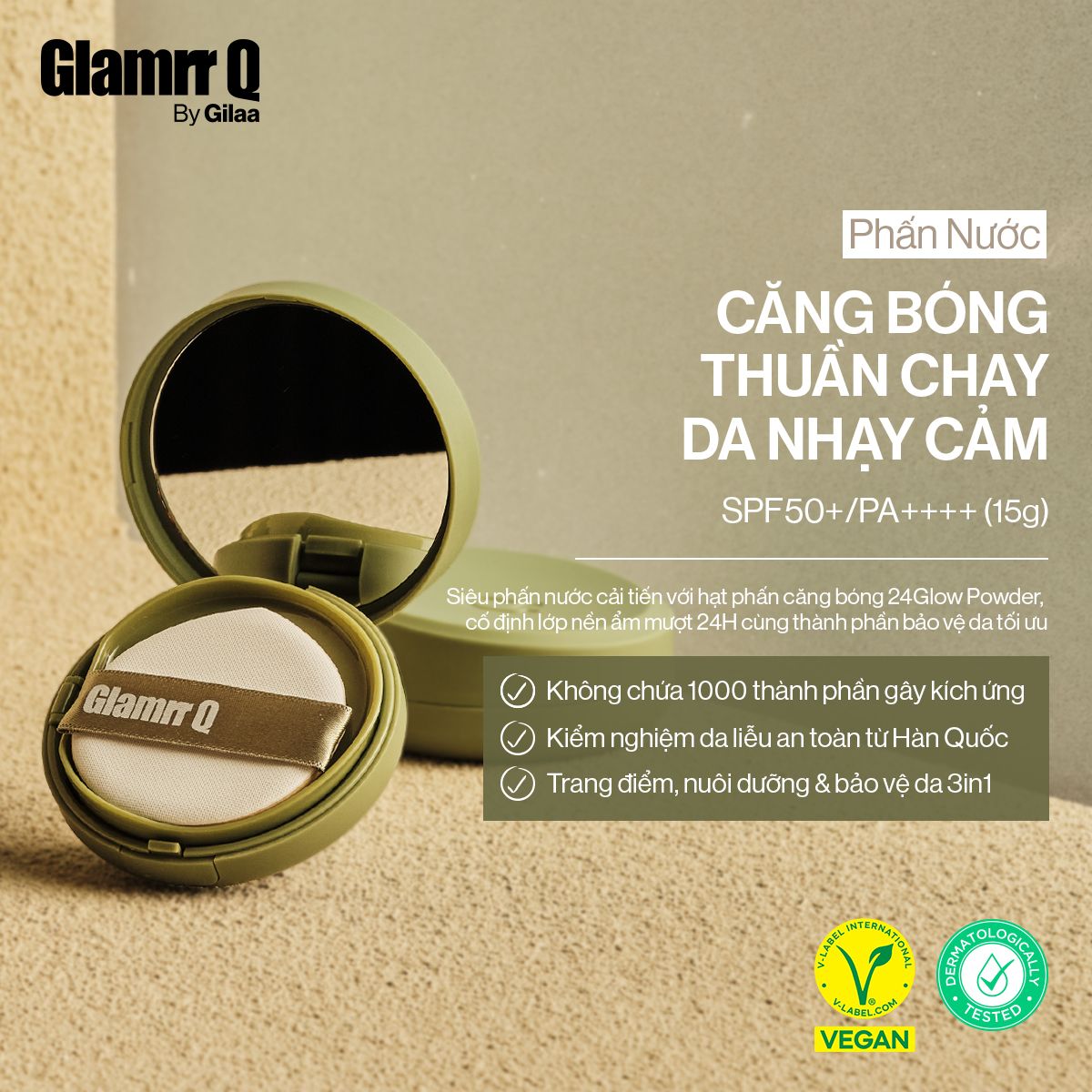  Phấn Nước Căng Bóng GLAMRR Q Vegan Super Glow Cushion SPF50+/PA++++ (1 lõi x 15g) 