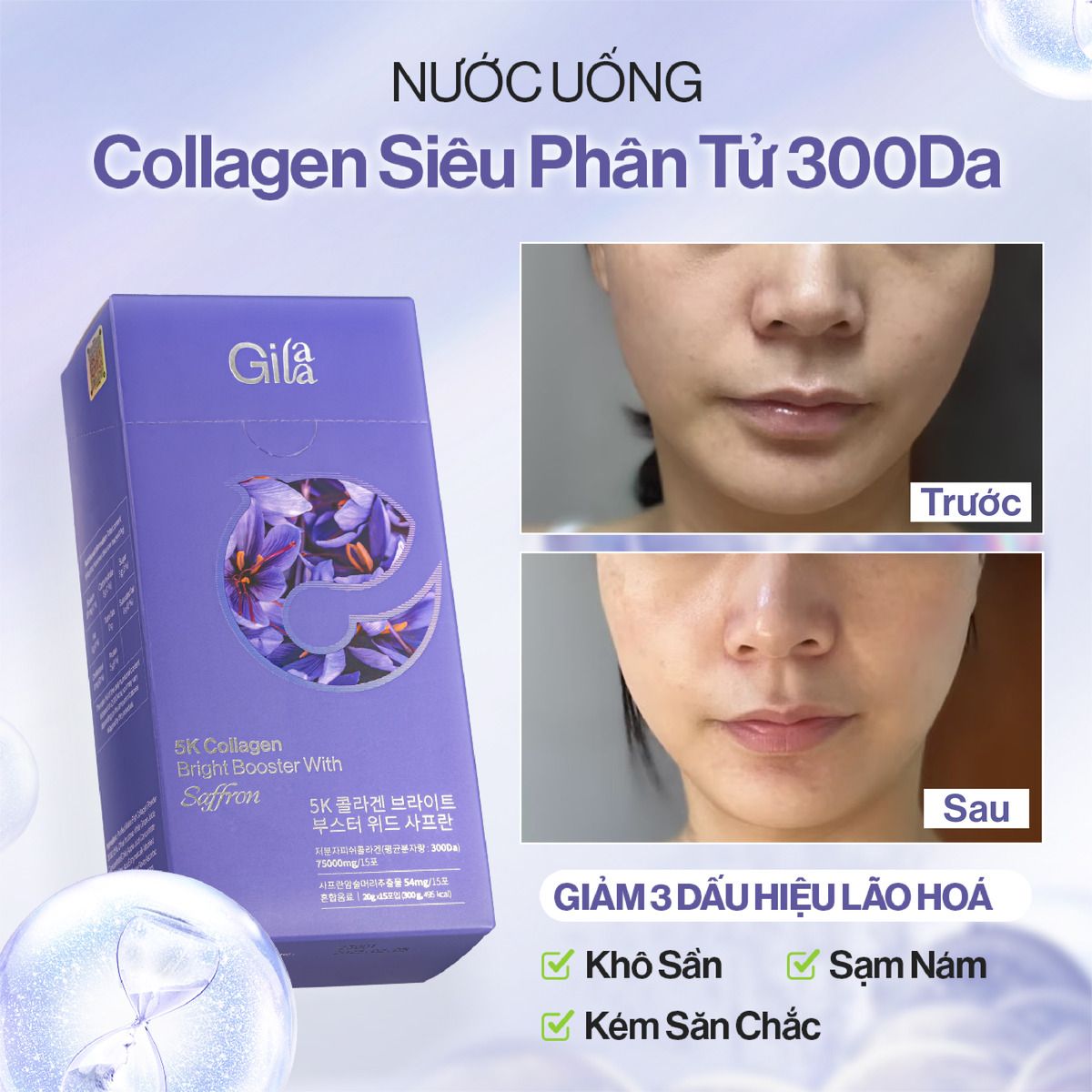  Nước Uống Collagen Gilaa Siêu Phân Tử 300DA Kết Hợp Saffron Trẻ Hóa Trắng Khỏe Da (20g x 15 gói) 