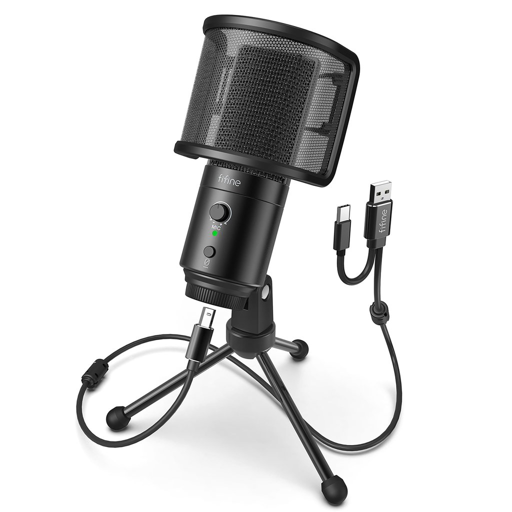 FIFINE K683A TYPE C USB MIC WITH A POP FILTER, A VOLUME DIAL, A MUTE BUTTON & A MONITORING JACK FOR RECORDING