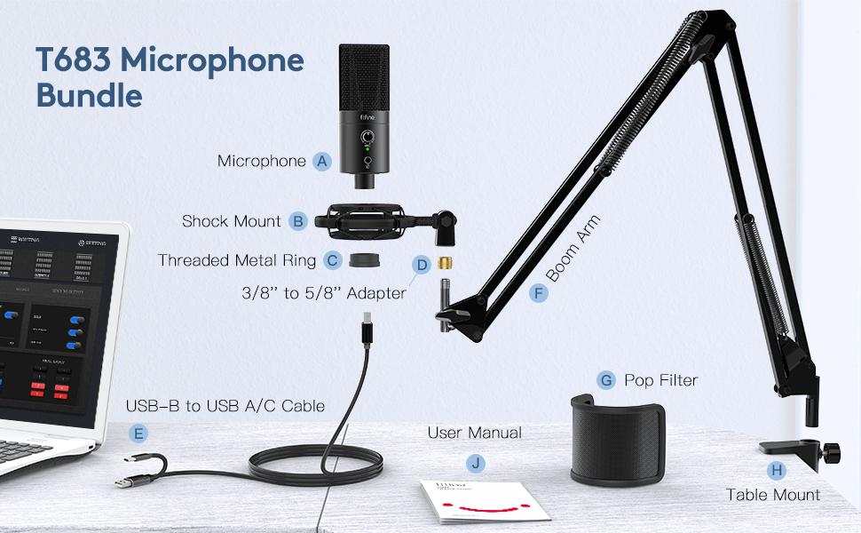 FIFINE T683 USB MICROPHONE BUNDLE WITH A MUTE BUTTON, A VOLUME DIAL & A MONITORING JACK FOR PC/MAC/MOBILE