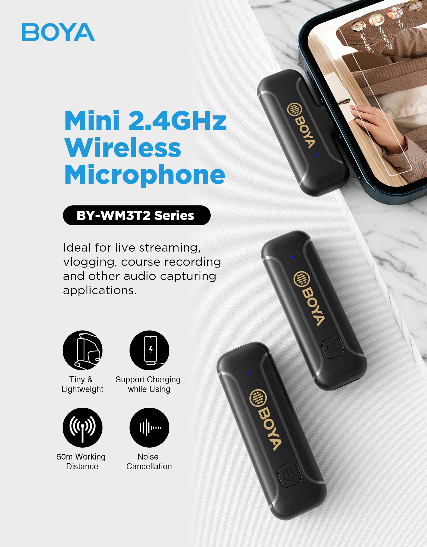 BOYA BY-WM3T2-D2 - Mic thu âm không dây 2.4GHz mini dành cho iPhone