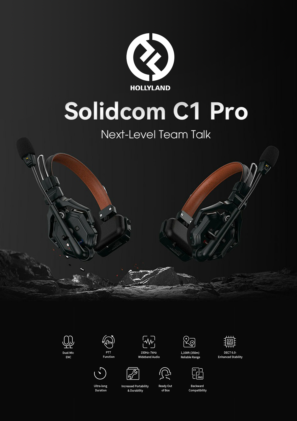 Hollyland Solidcom C1 Pro-6S . Hệ thống liên lạc nội bộ không dây với 6 tai nghe (1,9 GHz)