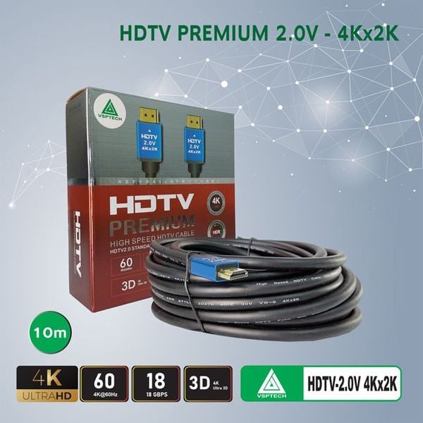 Cáp HDMI VSPTECH 2.0, 4K Dây Tròn 10M