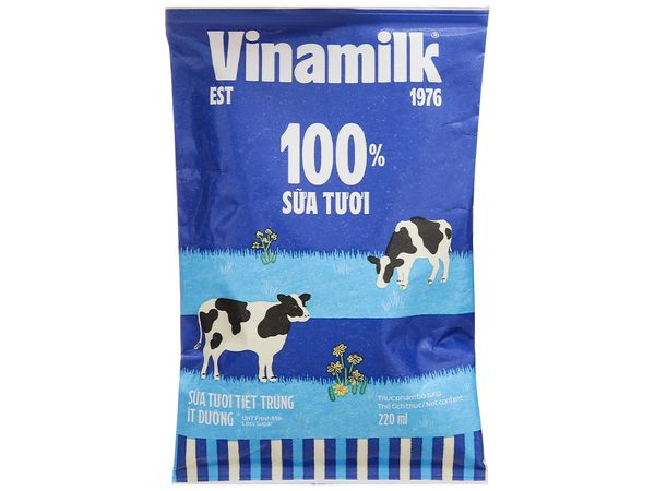 Sữa Tươi Tiệt Trùng Ít Đường Vinamilk 100% Bịch 220ml