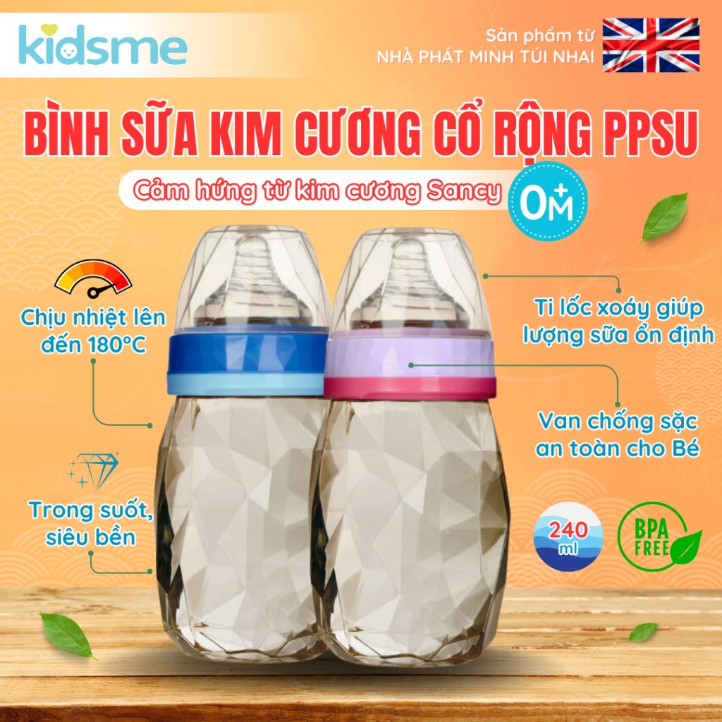 Bình sữa kim cương cổ rộng PPSU kidsme 240ml