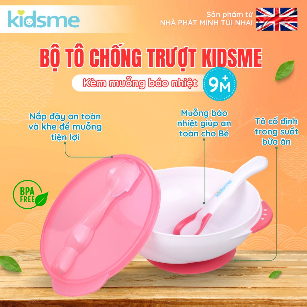 Bộ tô chống trượt kèm muỗng báo nhiệt kidsme - 9832