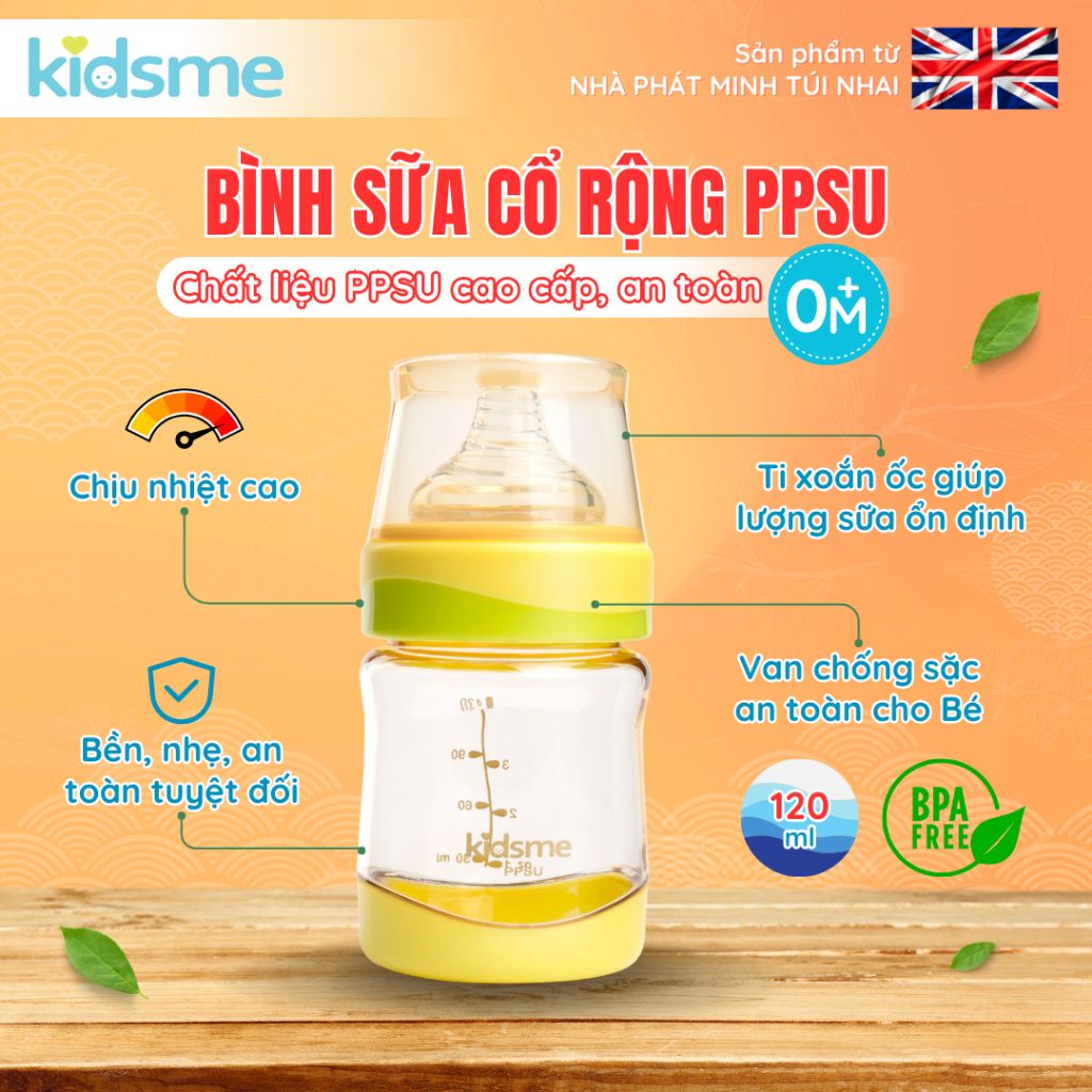 Bình sữa cổ rộng PPSU kidsme 120ml