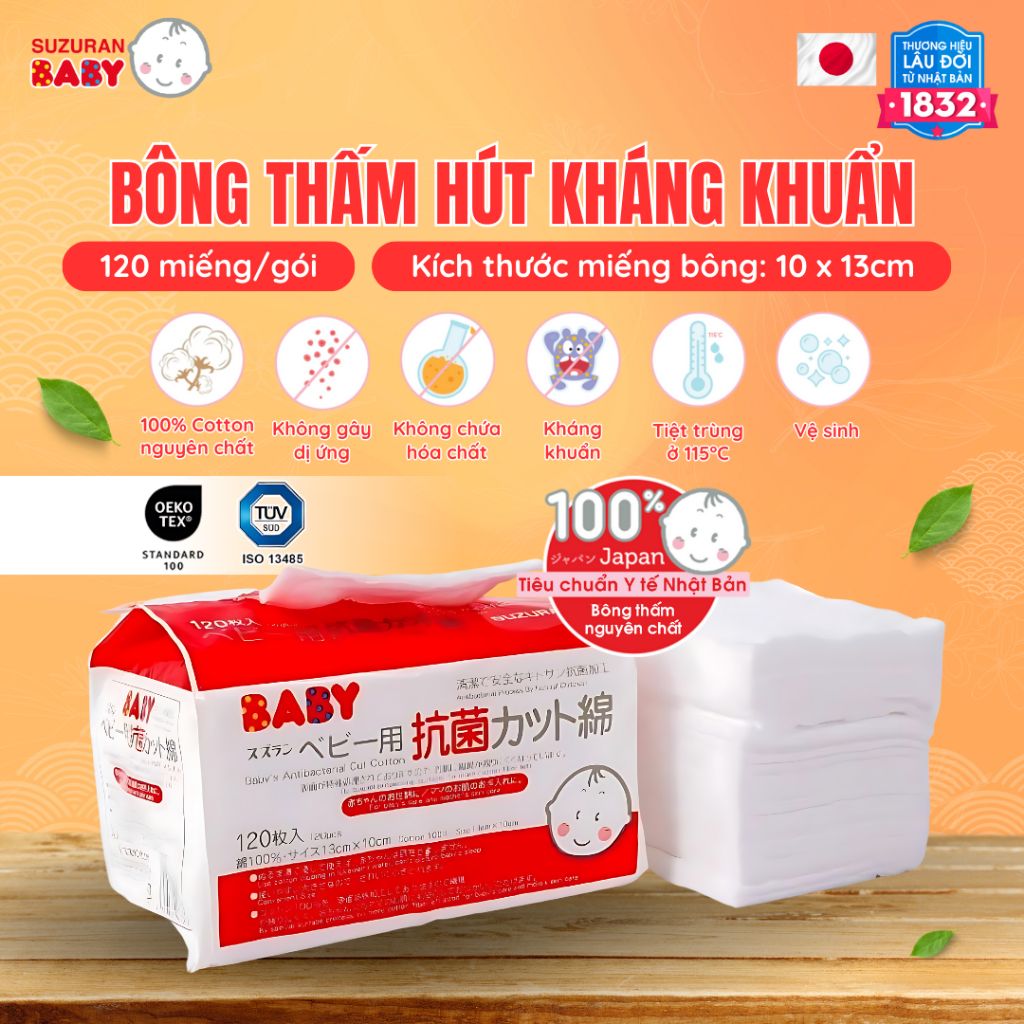 Bông thấm hút kháng khuẩn Suzuran Japan - 120 miếng/gói