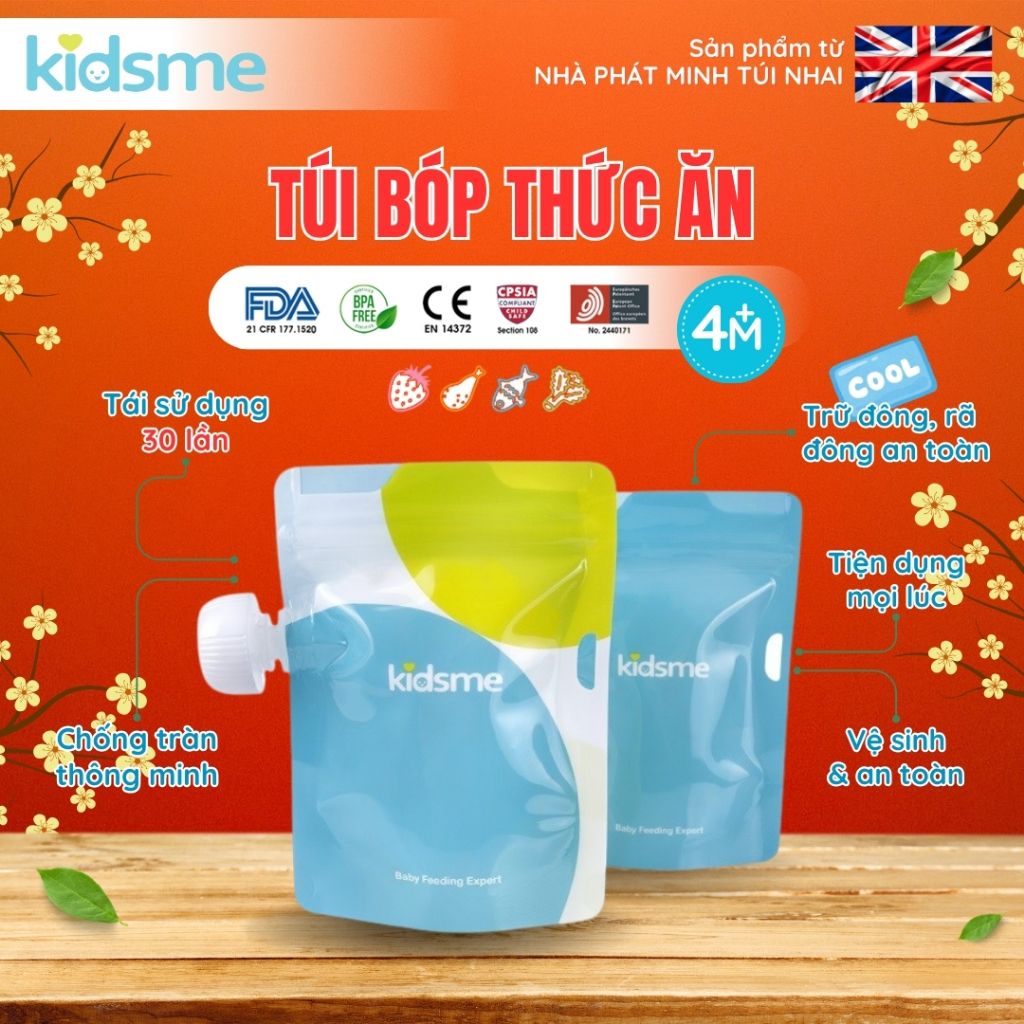 Bộ túi bóp thức ăn với ti nhai nối Kidsme - Cho bé từ 4 tháng tuổi