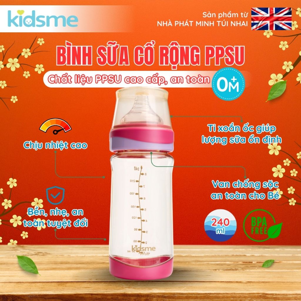 Bình sữa cổ rộng PPSU kidsme 240 ml