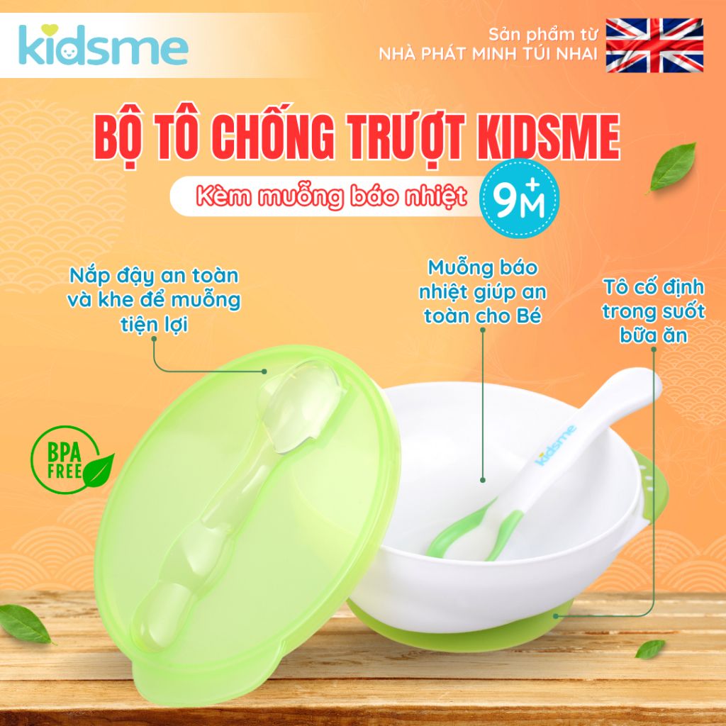 Bộ tô chống trượt kèm muỗng báo nhiệt kidsme - 9832