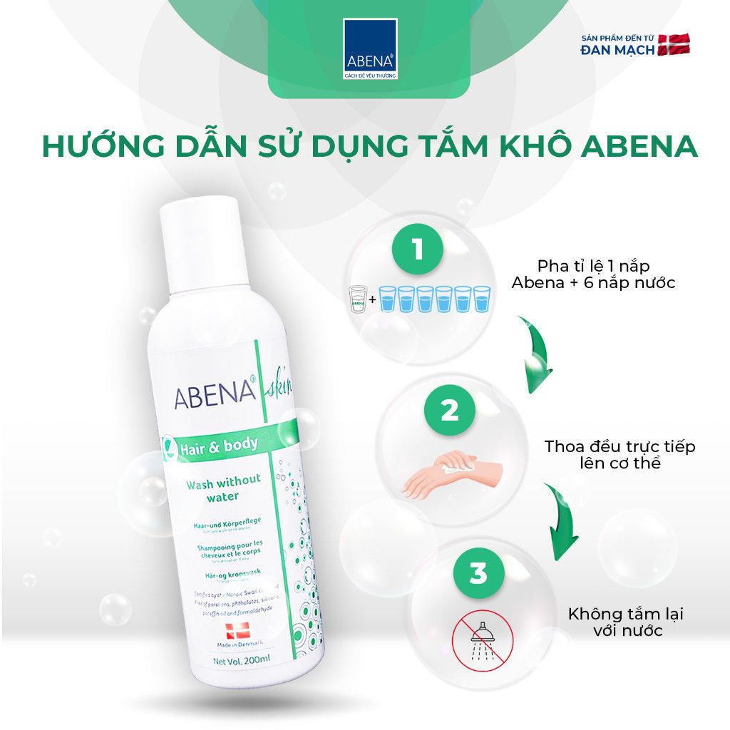 Combo Dầu gội tắm khô Abena tặng kèm 5 găng lau giúp làm sạch dịu nhẹ an toàn cho da - Nhập Khẩu Đan Mạch (Chai 200m )