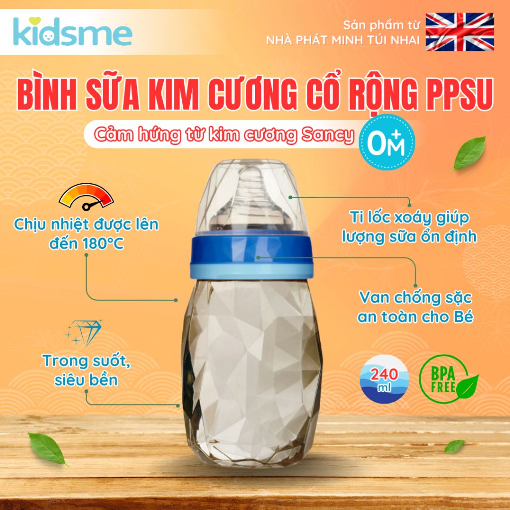Bình sữa kim cương cổ rộng PPSU kidsme 240ml