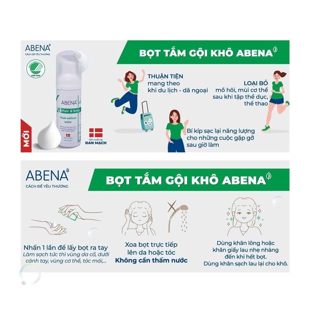 Combo Dầu gội tắm khô Abena tặng kèm 5 găng lau giúp làm sạch dịu nhẹ an toàn cho da - Nhập Khẩu Đan Mạch (Chai 200m )