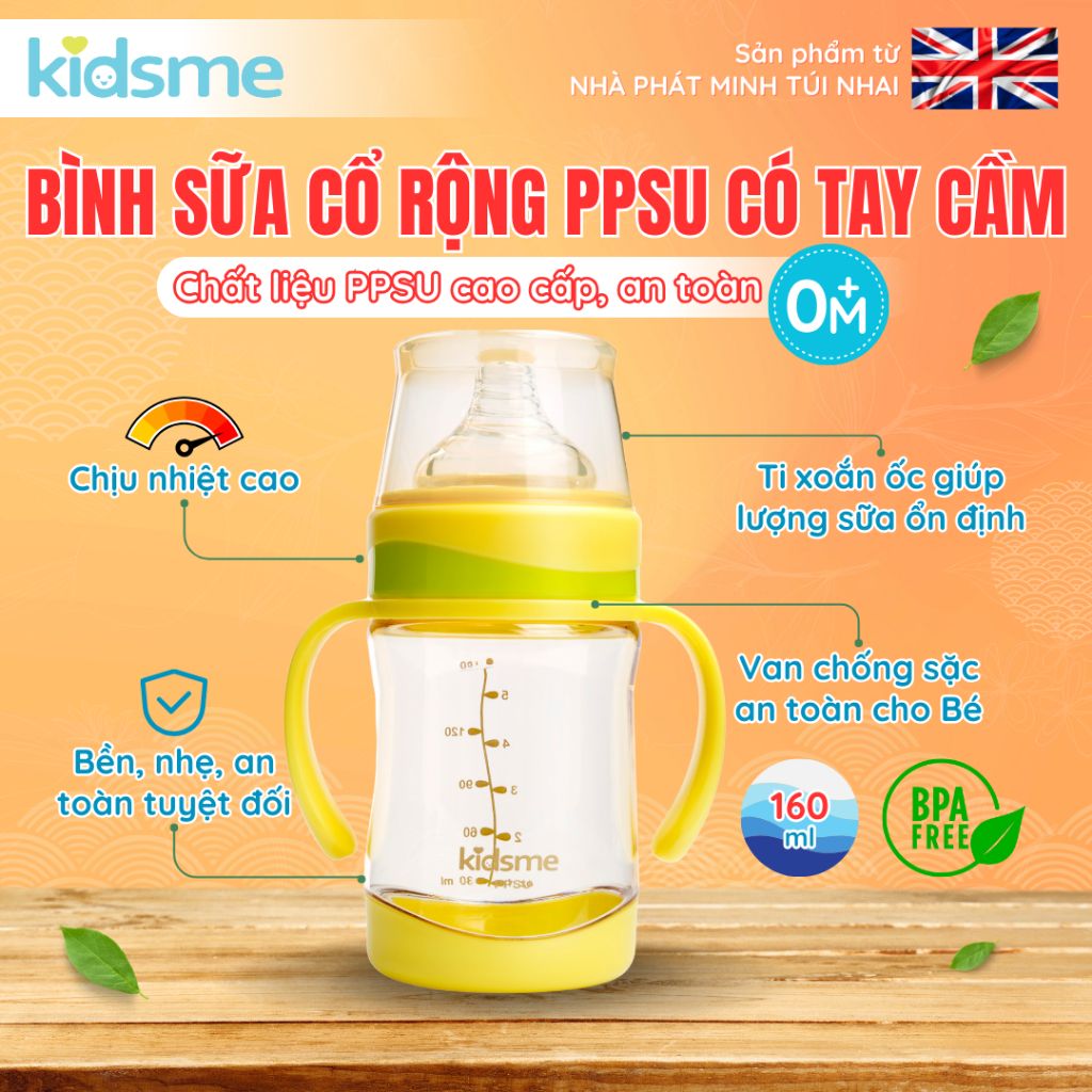 Bình sữa cổ rộng PPSU có tay cầm kidsme 160ml