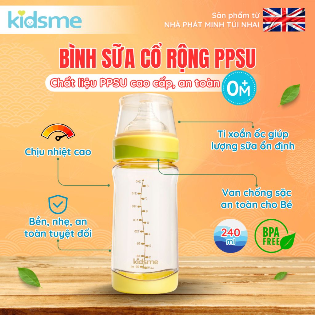 Bình sữa cổ rộng PPSU kidsme 240 ml