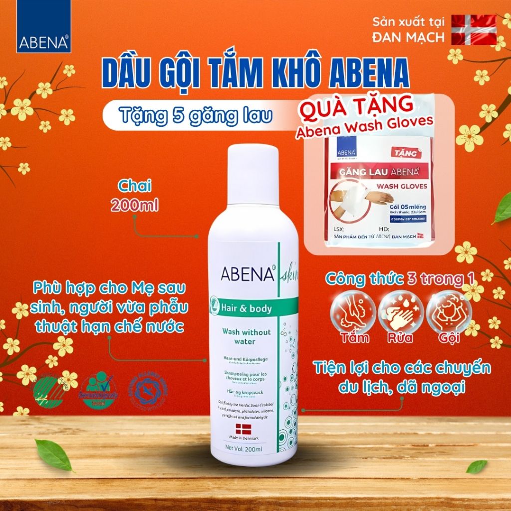 Combo Dầu gội tắm khô Abena tặng kèm 5 găng lau giúp làm sạch dịu nhẹ an toàn cho da - Nhập Khẩu Đan Mạch (Chai 200m )