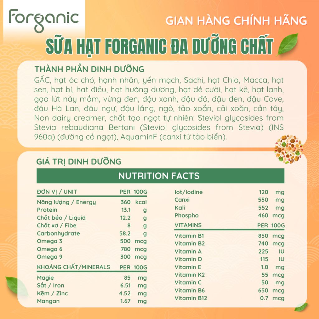 Sữa Hạt Forganic Đa dưỡng chất, Và Bữa Ăn Thay Thế bổ sung đạm và vitamin - Lon 800gr