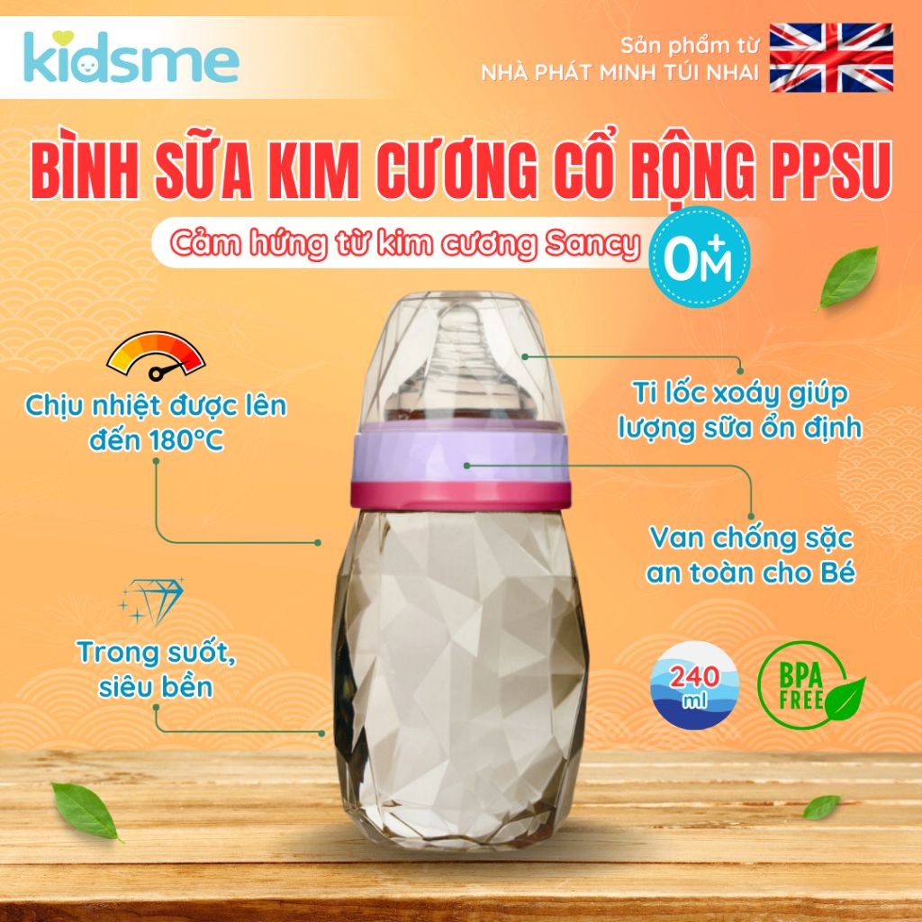 Bình sữa kim cương cổ rộng PPSU kidsme 240ml