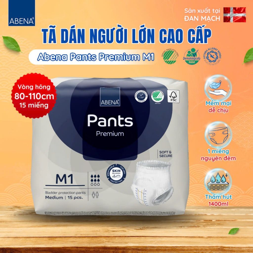 Tã quần người lớn Abena Pants Premium M1 Gói 15 miếng thấm hút 1.400ml - Nhập khẩu Đan Mạch