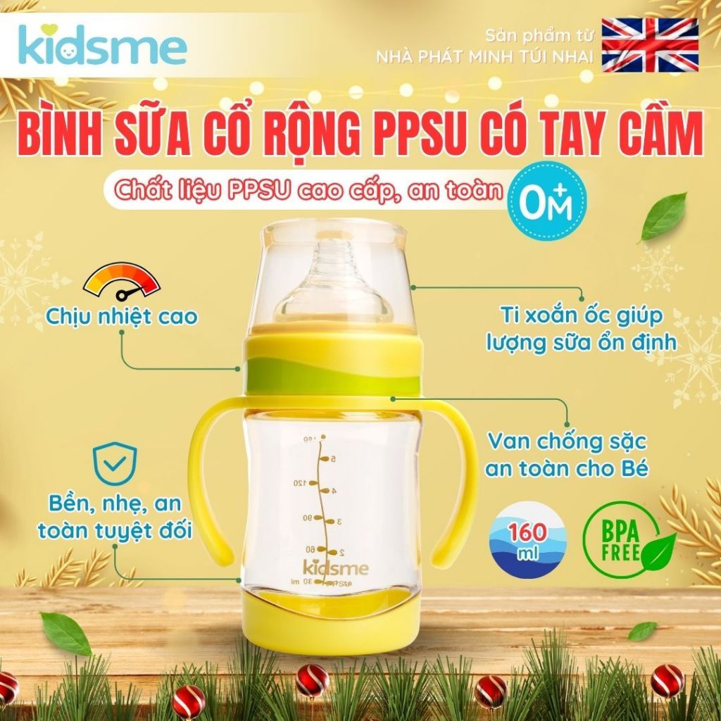 Bình sữa cổ rộng PPSU có tay cầm kidsme 160ml