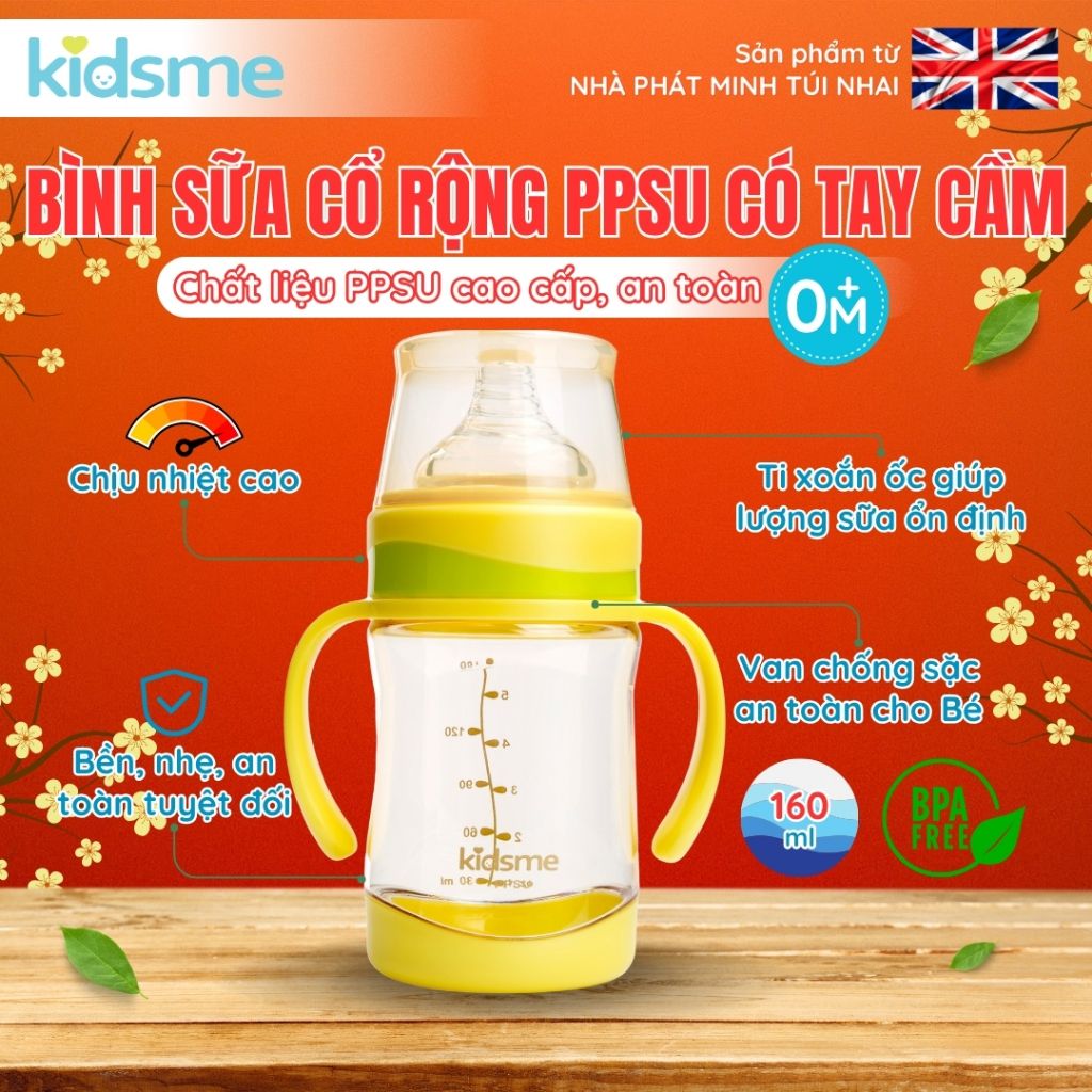 Bình sữa cổ rộng PPSU có tay cầm kidsme 160ml