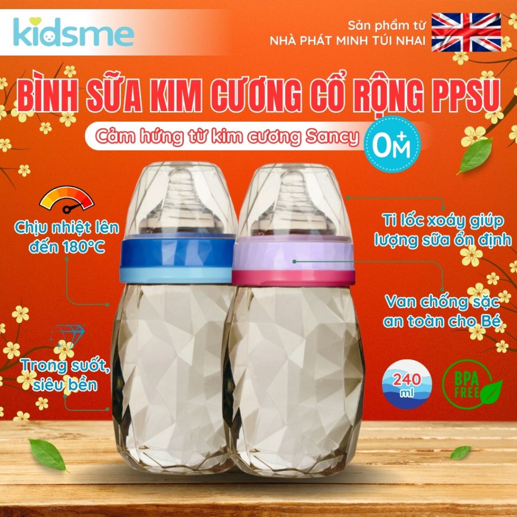 Bình sữa kim cương cổ rộng PPSU kidsme 240ml