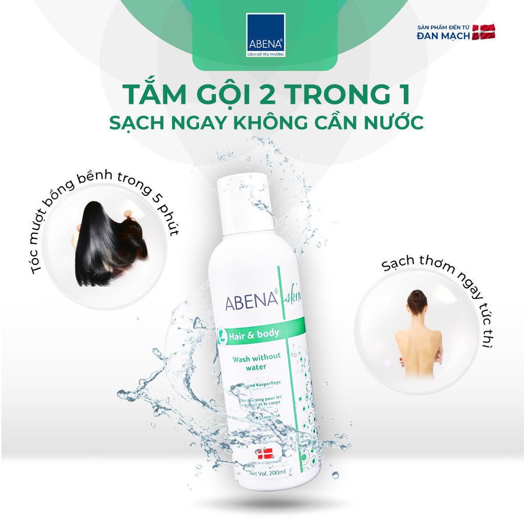 Combo Dầu gội tắm khô Abena tặng kèm 5 găng lau giúp làm sạch dịu nhẹ an toàn cho da - Nhập Khẩu Đan Mạch (Chai 200m )