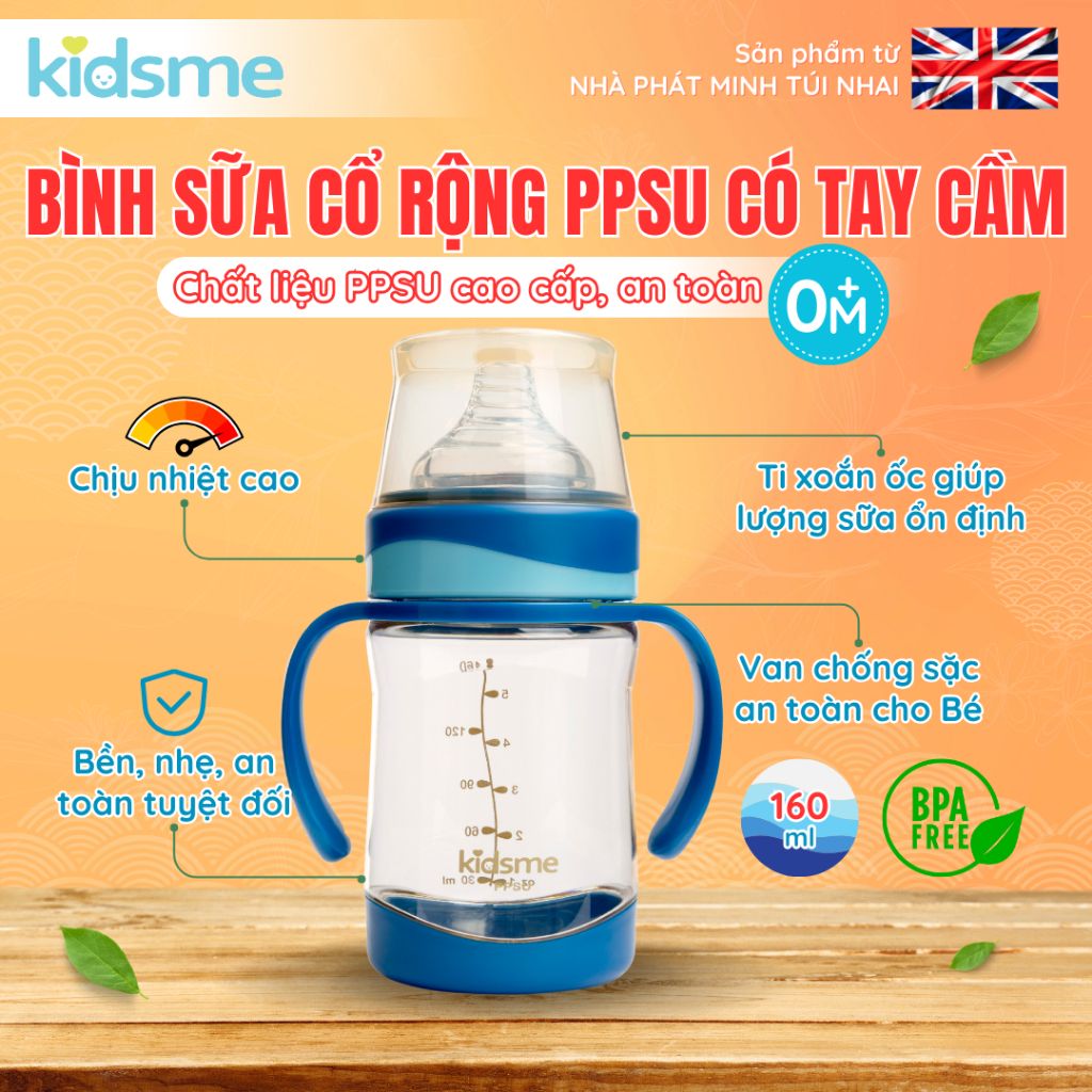 Bình sữa cổ rộng PPSU có tay cầm kidsme 160ml