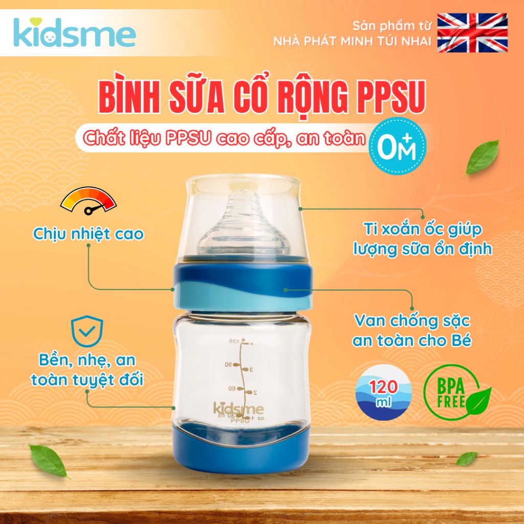 Bình sữa cổ rộng PPSU kidsme 120ml