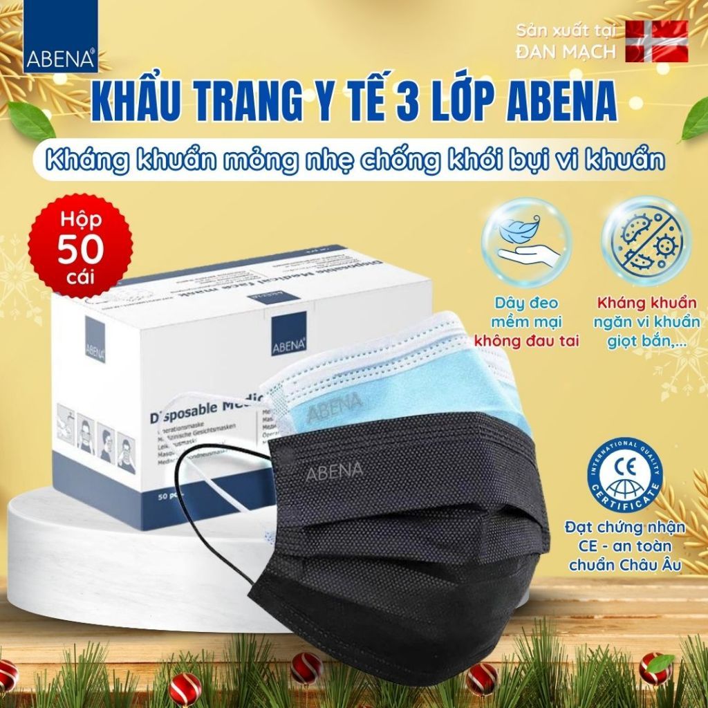Khẩu trang y tế 3 lớp Abena kháng khuẩn mỏng nhẹ chống khói bụi vi khuẩn (Hộp 50 cái)