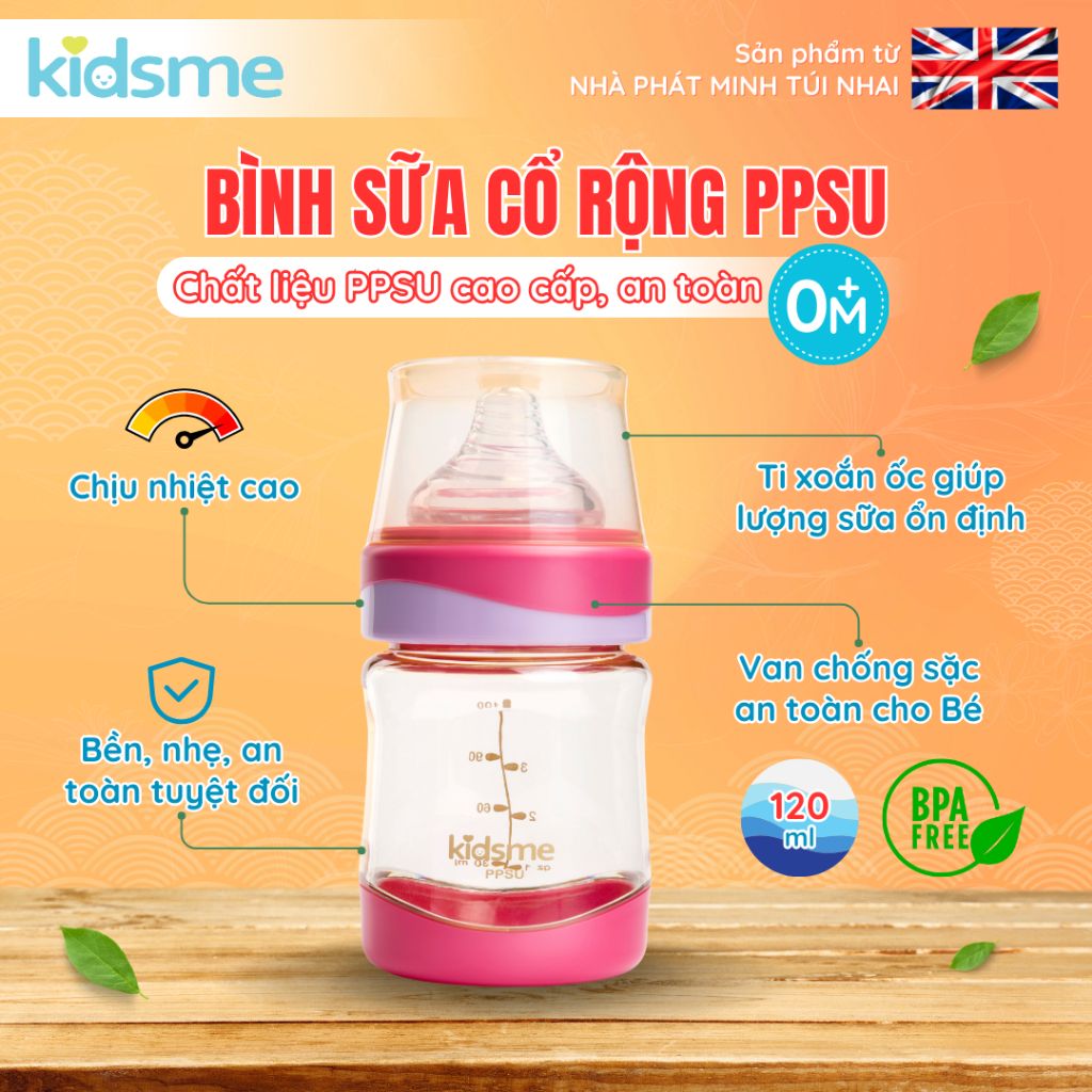 Bình sữa cổ rộng PPSU kidsme 120ml