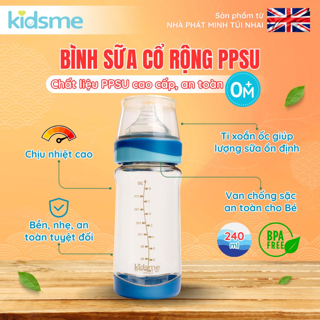 Bình sữa cổ rộng PPSU kidsme 240 ml