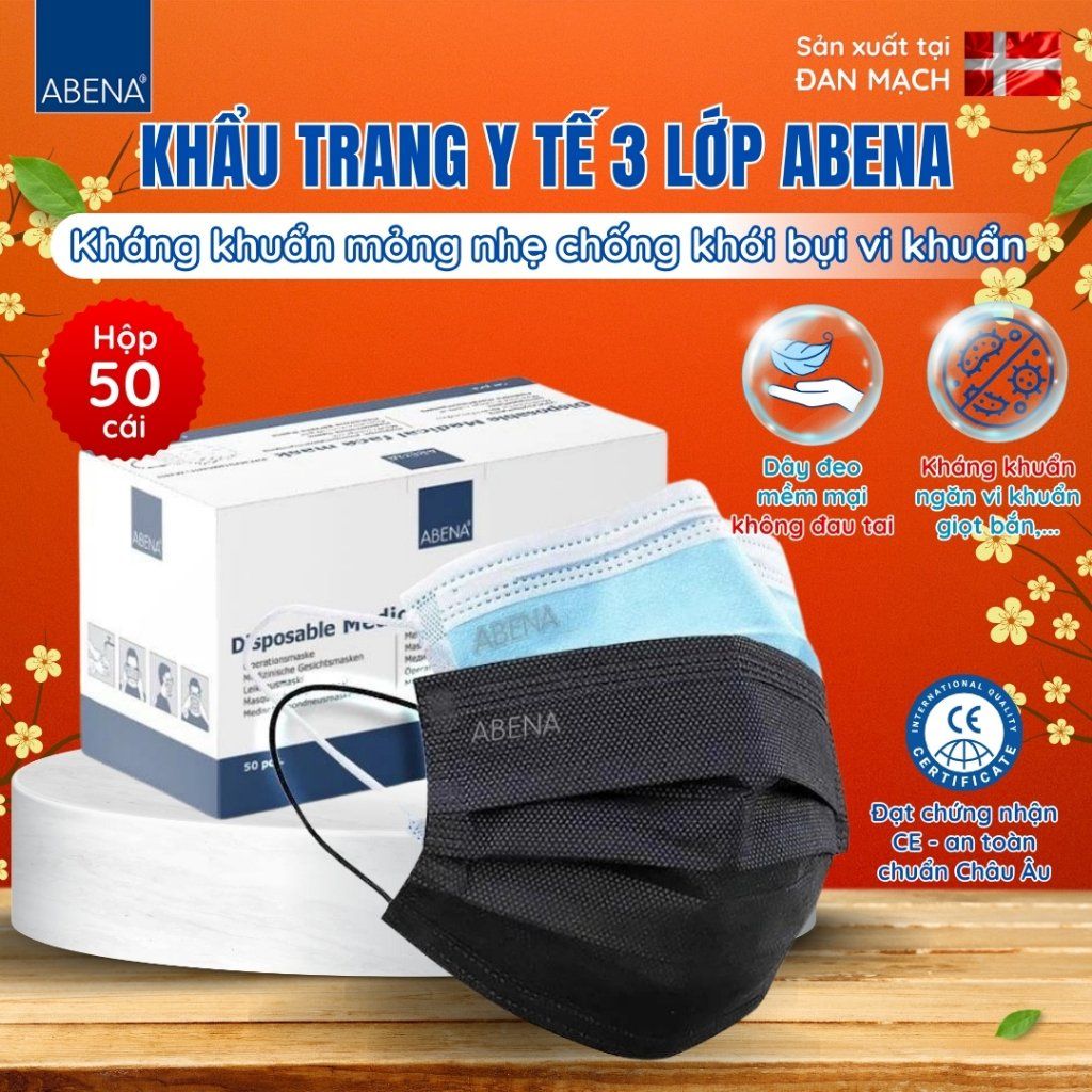 Khẩu trang y tế 3 lớp Abena kháng khuẩn mỏng nhẹ chống khói bụi vi khuẩn (Hộp 50 cái)