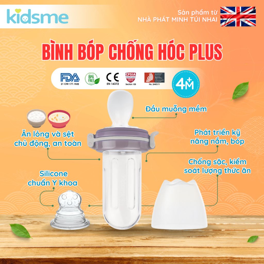 Bình bóp chống hóc Plus kidsme Màu Plum từ 04 tháng tuổi