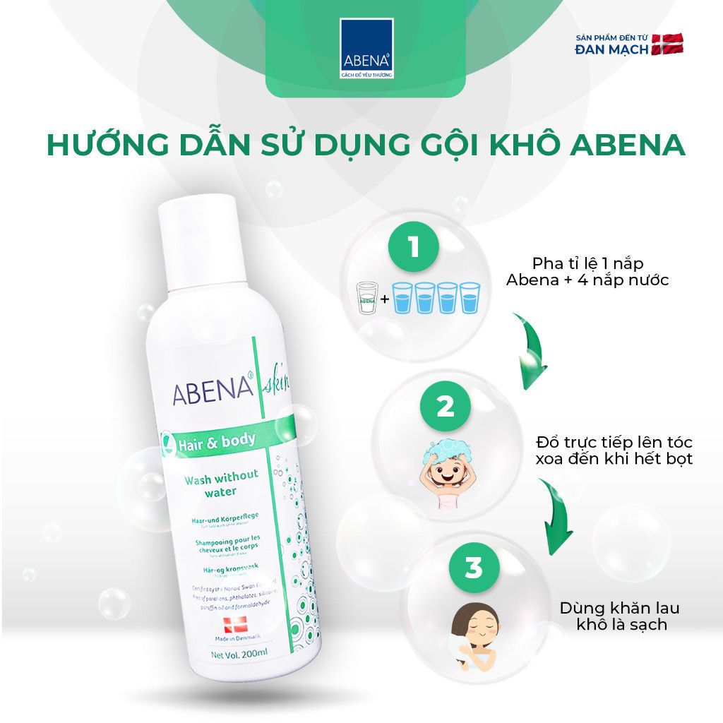 Combo Dầu gội tắm khô Abena tặng kèm 5 găng lau giúp làm sạch dịu nhẹ an toàn cho da - Nhập Khẩu Đan Mạch (Chai 200m )