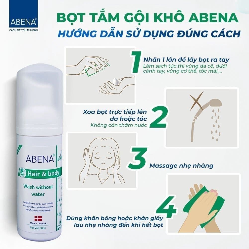 Combo Dầu gội tắm khô Abena tặng kèm 5 găng lau giúp làm sạch dịu nhẹ an toàn cho da - Nhập Khẩu Đan Mạch (Chai 200m )