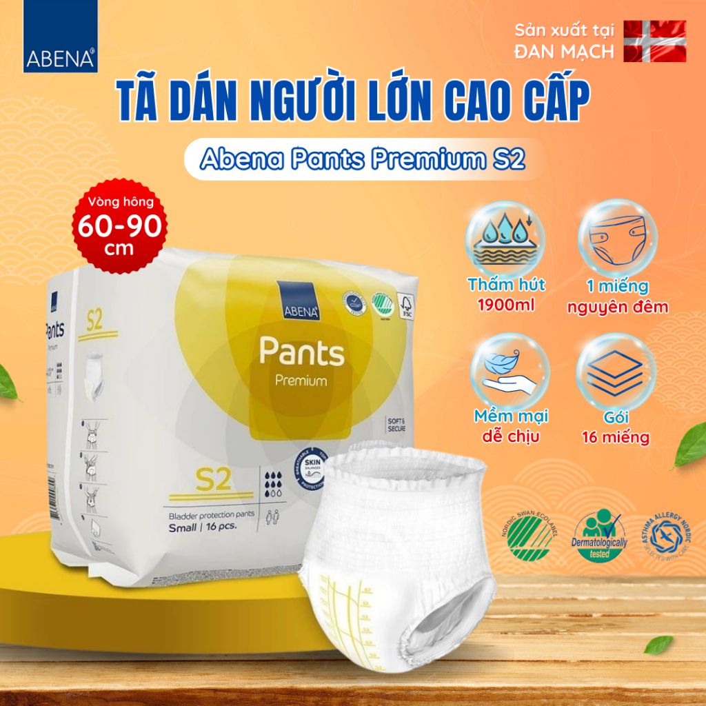 Tã quần người lớn Abena Pants Premium S2 thấm hút 1.900 ml Gói 16 miếng - Nhâp khẩu Đan Mạch