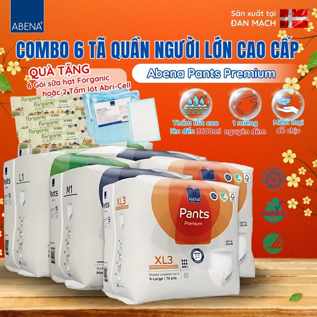 Combo 6 bịch tã quần người lớn cao cấp Abena Abri Flex Fremium siêu thấm hút lên đến 2.4 lít thoải mái để ngủ qua đêm