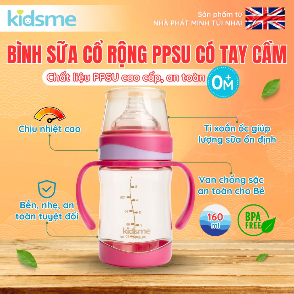 Bình sữa cổ rộng PPSU có tay cầm kidsme 160ml