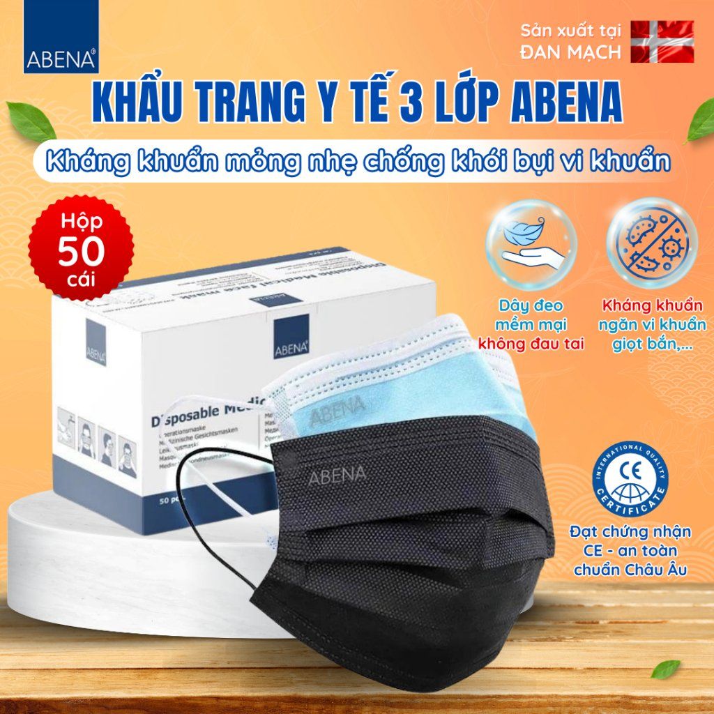 Khẩu trang y tế 3 lớp Abena kháng khuẩn mỏng nhẹ chống khói bụi vi khuẩn (Hộp 50 cái)
