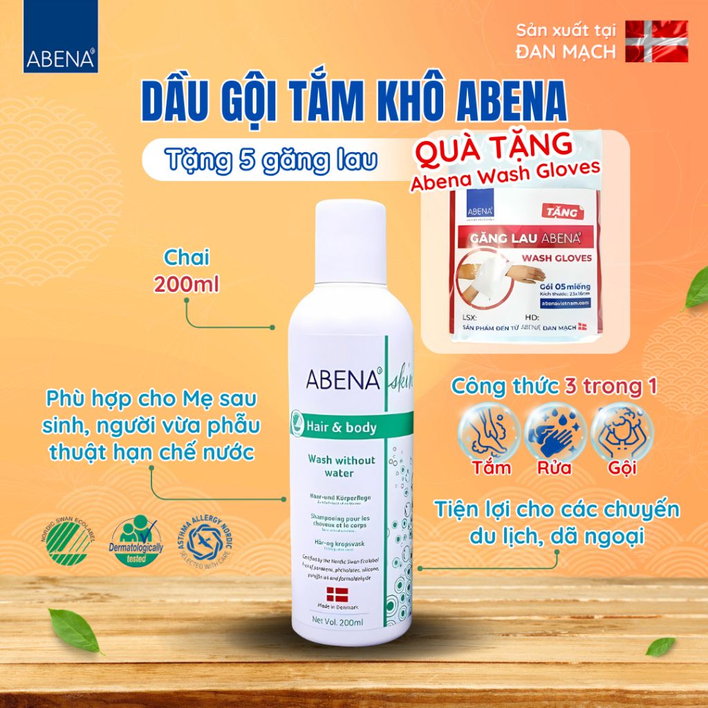 Combo Dầu gội tắm khô Abena tặng kèm 5 găng lau giúp làm sạch dịu nhẹ an toàn cho da - Nhập Khẩu Đan Mạch (Chai 200m )