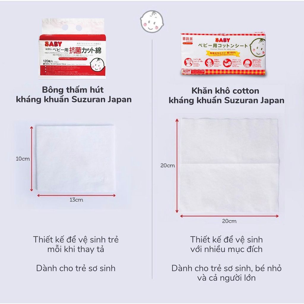 Khăn khô cao cấp cotton kháng khuẩn tiệt trùng Suzuran Japan tiện lời an toàn cho bé 80 miếng
