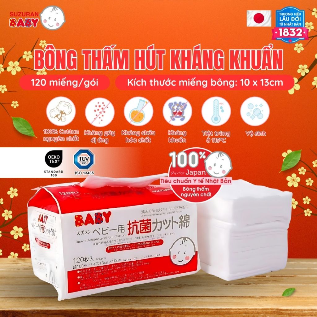 Bông thấm hút kháng khuẩn Suzuran Japan - 120 miếng/gói